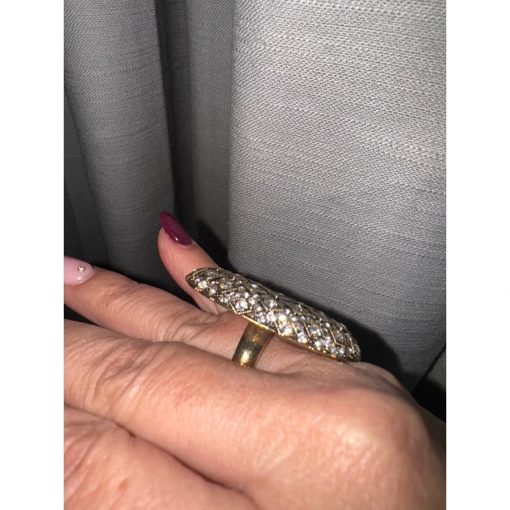 Statement Cocktail Ring Oval Gold Rhinestone Pave Party Bling‎ Fashion Jewelry